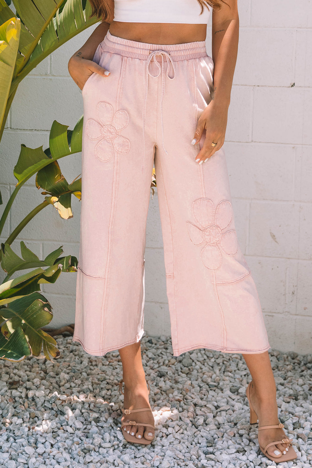 Gabriella Mineral Washed Terry Knit Cropped Wide Leg Pants