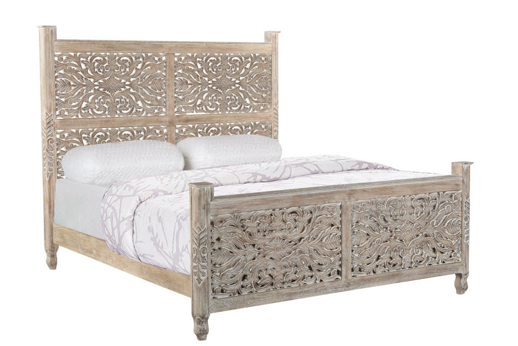 Carved Solid Wood King Gray Bed