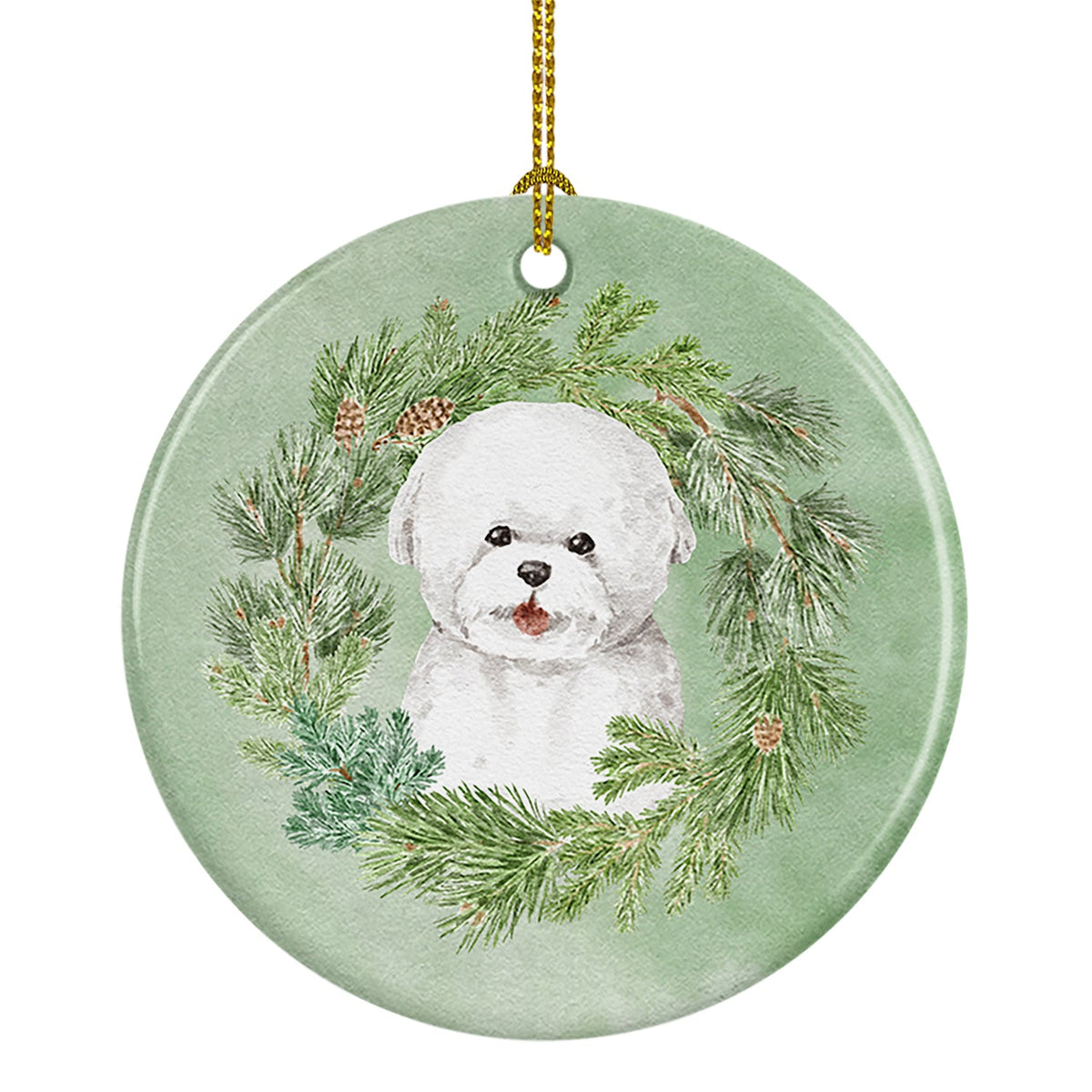 Bichon Frise Smiling Christmas Wreath Ceramic Ornament