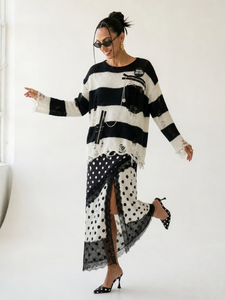 Audacious Ripped Striped Knit Pullover