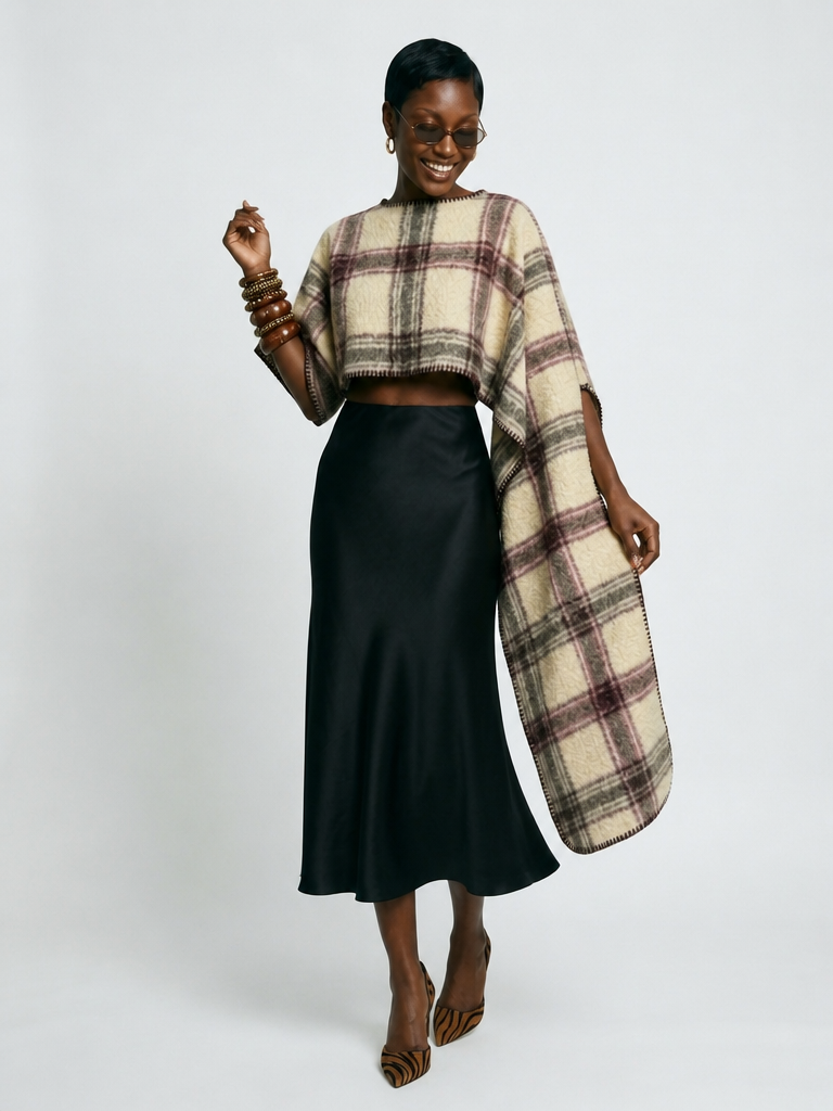 Grounded Plaid Knitted Poncho