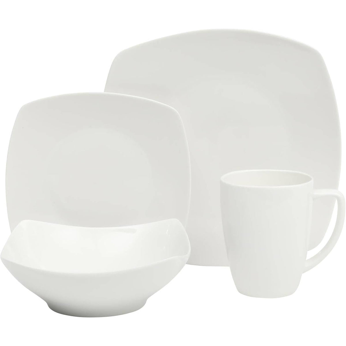 16 Pieces - White Square Porcelain Dinnerware Set - Service for 4