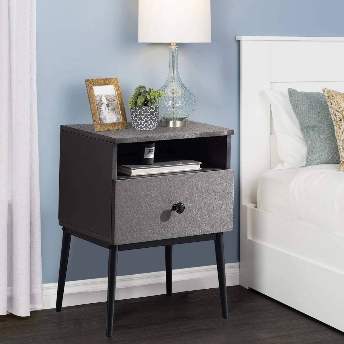 Mid Century Modern End Table Nightstand in Grey Black Wood Finish