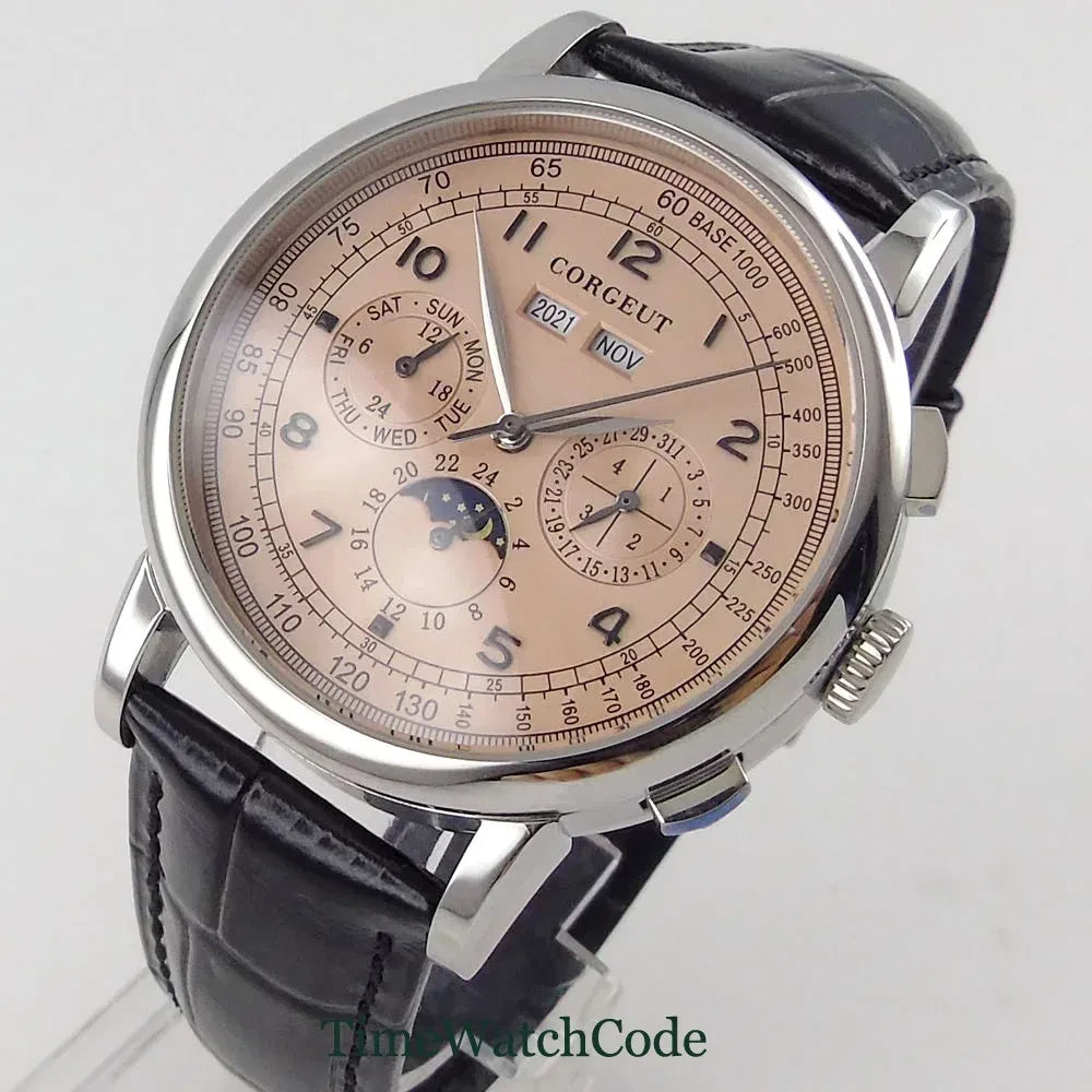 Color: Other - Corgeut 42mm Automatic Men's Watch Date Day Month Year Rose Gold Dial Multifunction