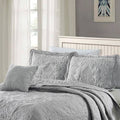 King size Ash Grey Damask Embroidered 4 Piece Oversized Bedspread Set