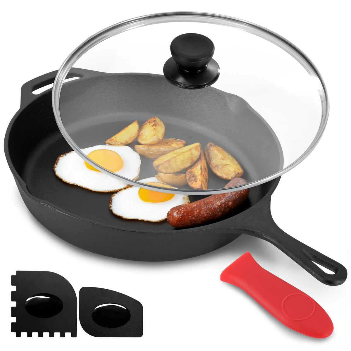 MegaChef 12 Inch Pre-Seasoned Cast Iron Skillet with Tempered Glass Lid