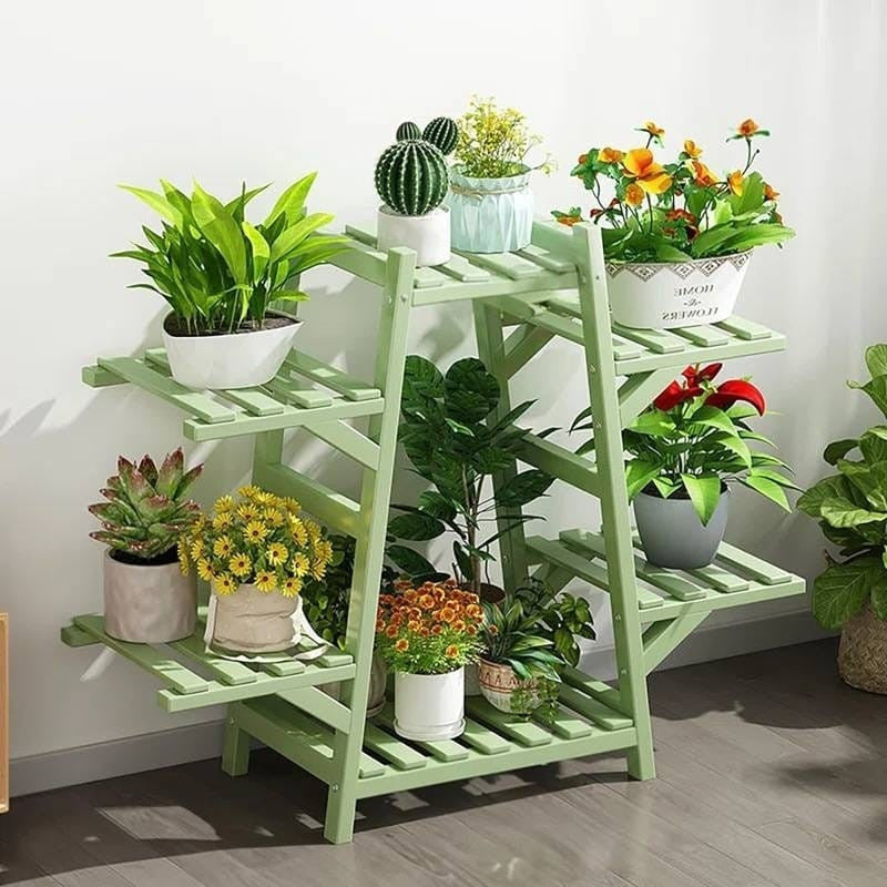 Indoor Outdoor Bamboo Wood 6-Shelf Flower Pot Plant Stand in Green Finish