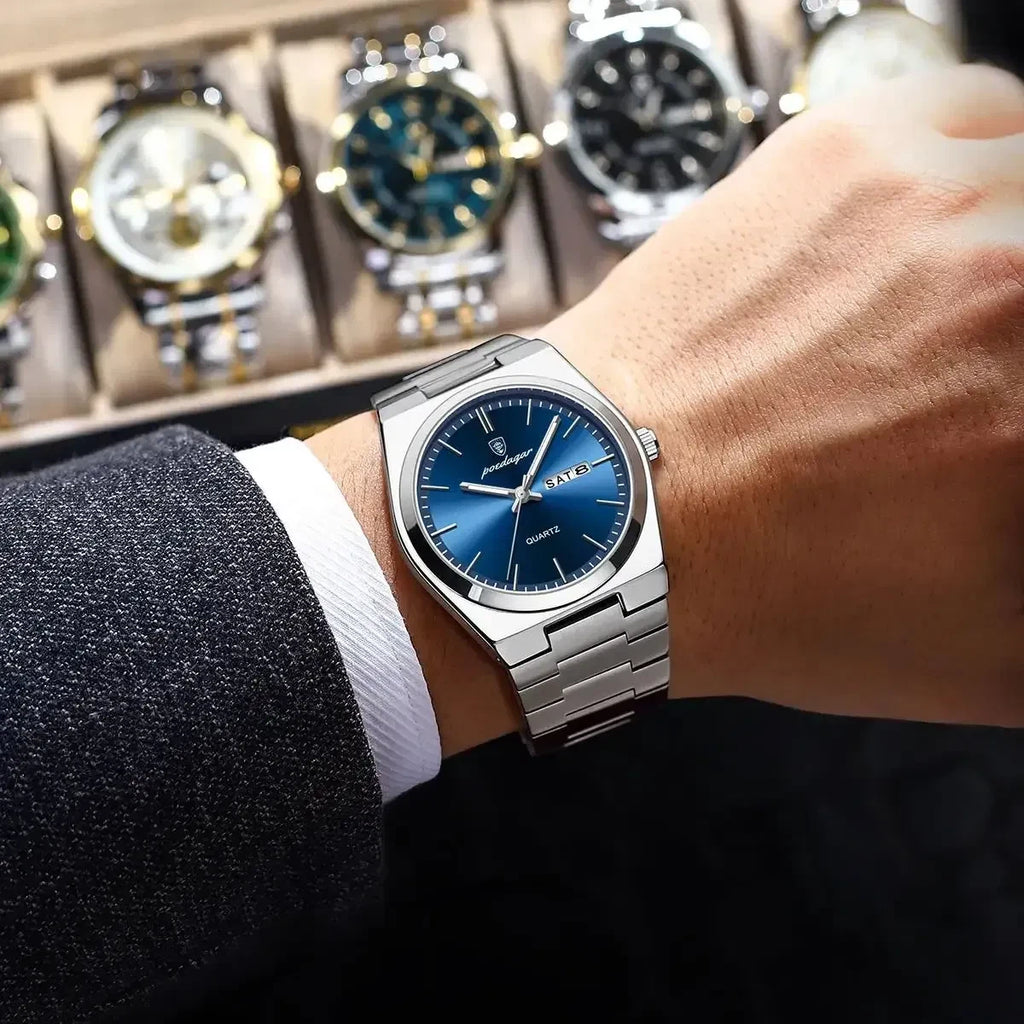 Color: Silver - POEDAGAR Luxury Watch For Man Waterproof Luminous Date Week Stainless Steel Men Wat