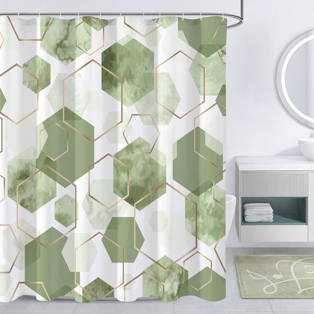 72"W x 78"H Abstract Green White Geometric Polyester Shower Curtain