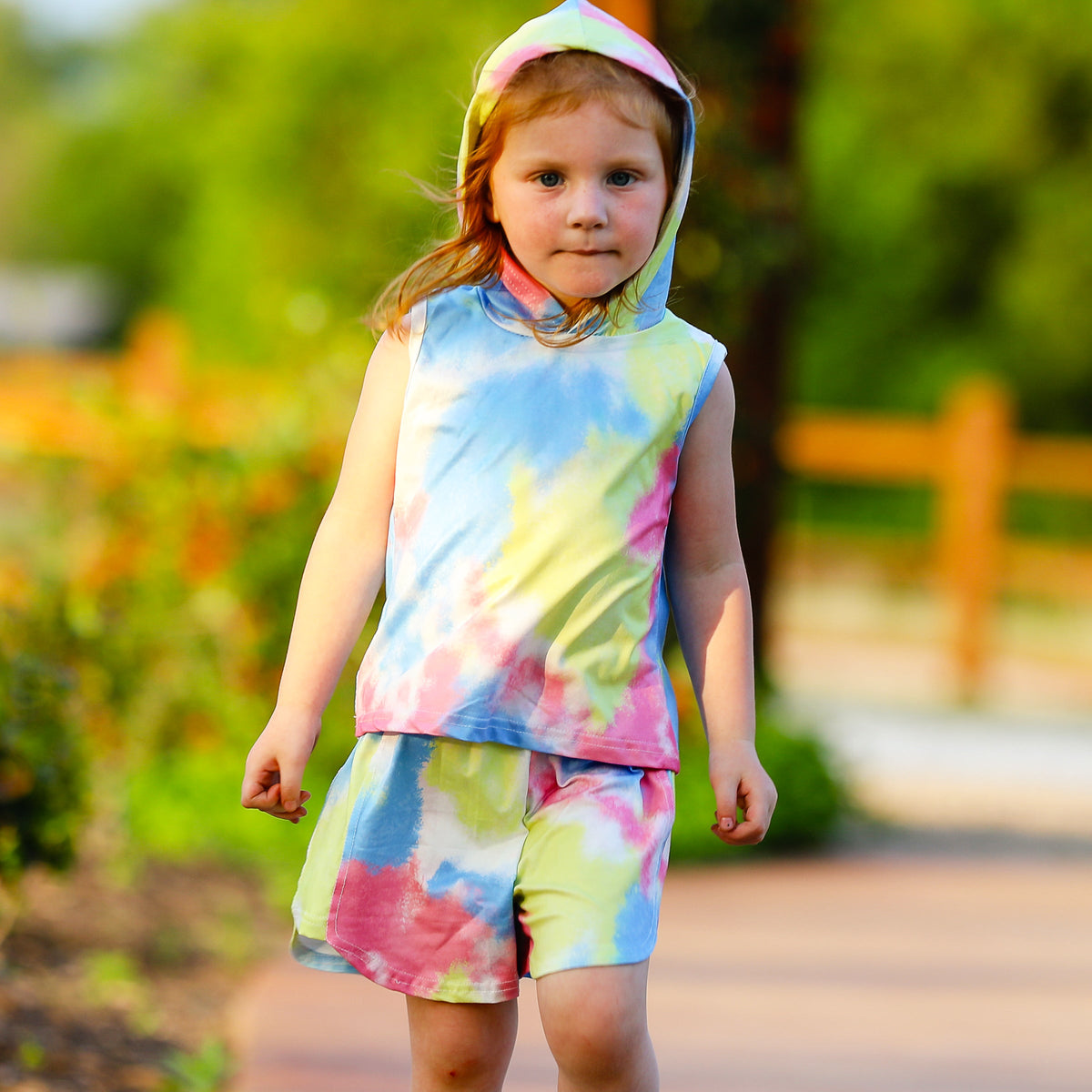 AL Limited Little & Big Girls Pastel Tie Dye Hoodie Top Shorts Camp Outfit