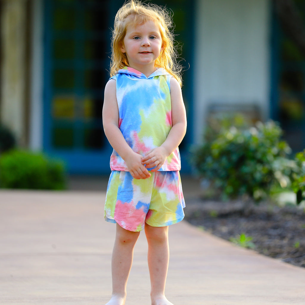 AL Limited Little & Big Girls Pastel Tie Dye Hoodie Top Shorts Camp Outfit