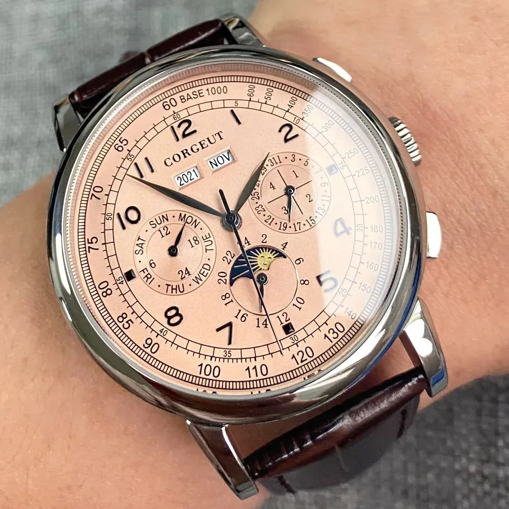 Color: Other - Corgeut 42mm Automatic Men's Watch Date Day Month Year Rose Gold Dial Multifunction