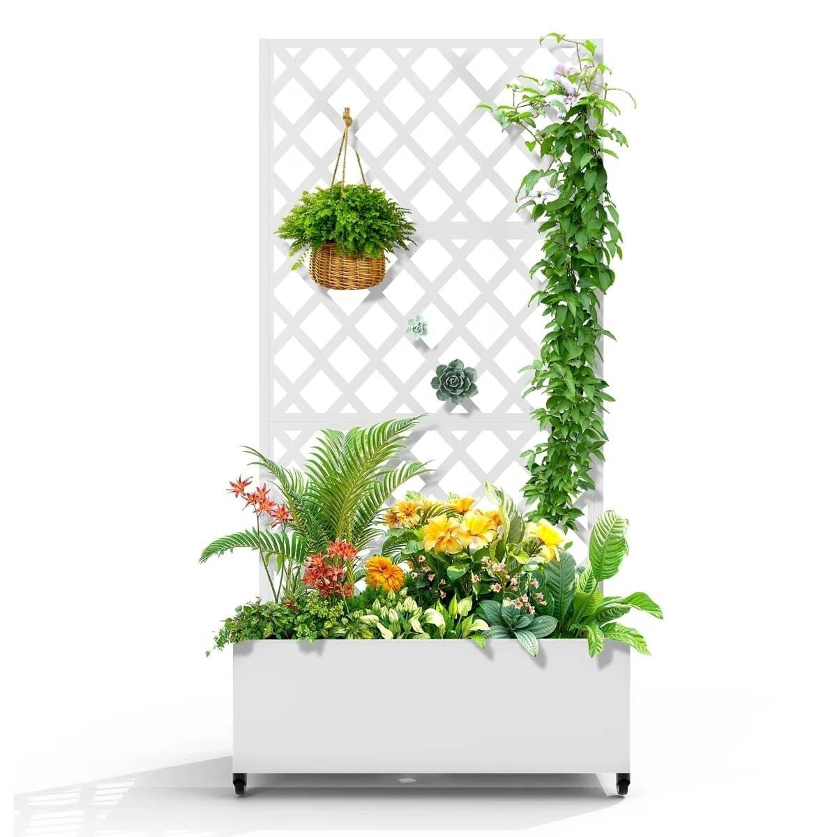 White Metal Outdoor Raised Garden Bed Planter Box with Trellis on Wheels