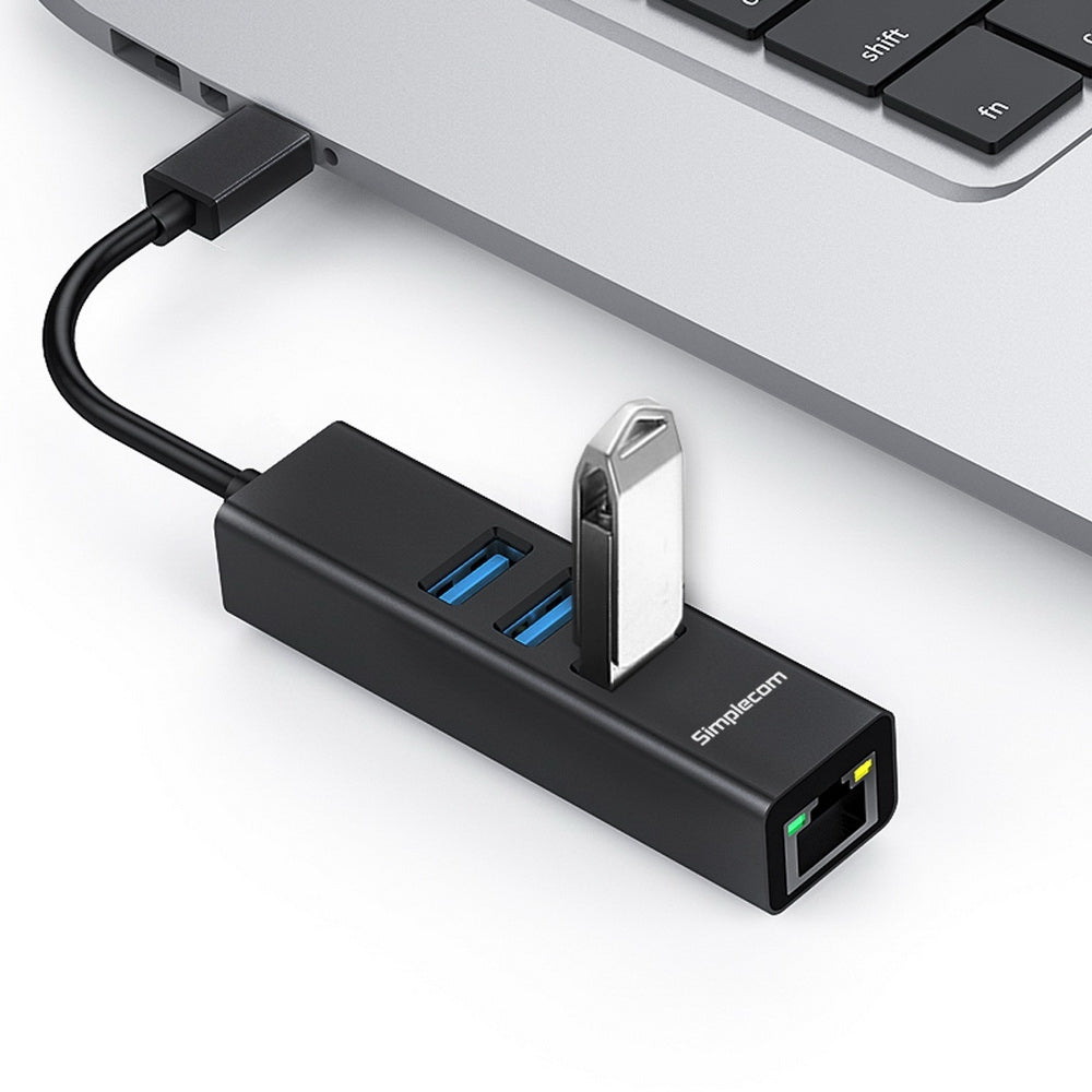 NNEDSZ CHN421 Aluminium USB-C to 3 Port USB HUB with Gigabit Ethernet Adapter Black