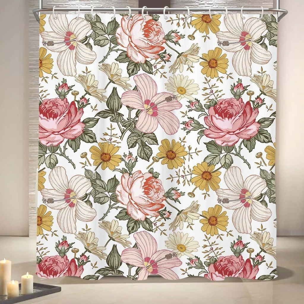 72"W x 72"H Vintage Floral Peony Pink Polyester Shower Curtain