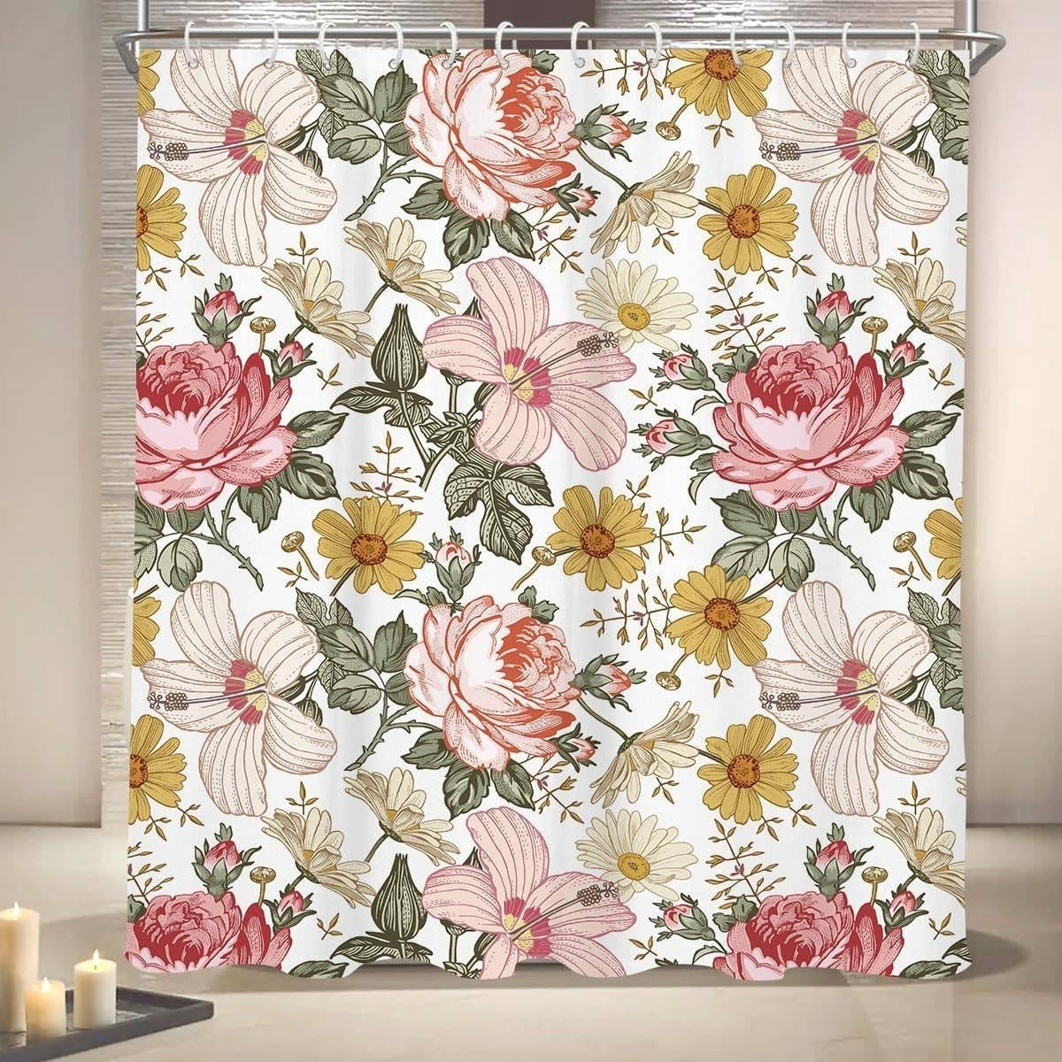 72"W x 72"H Vintage Floral Peony Pink Polyester Shower Curtain