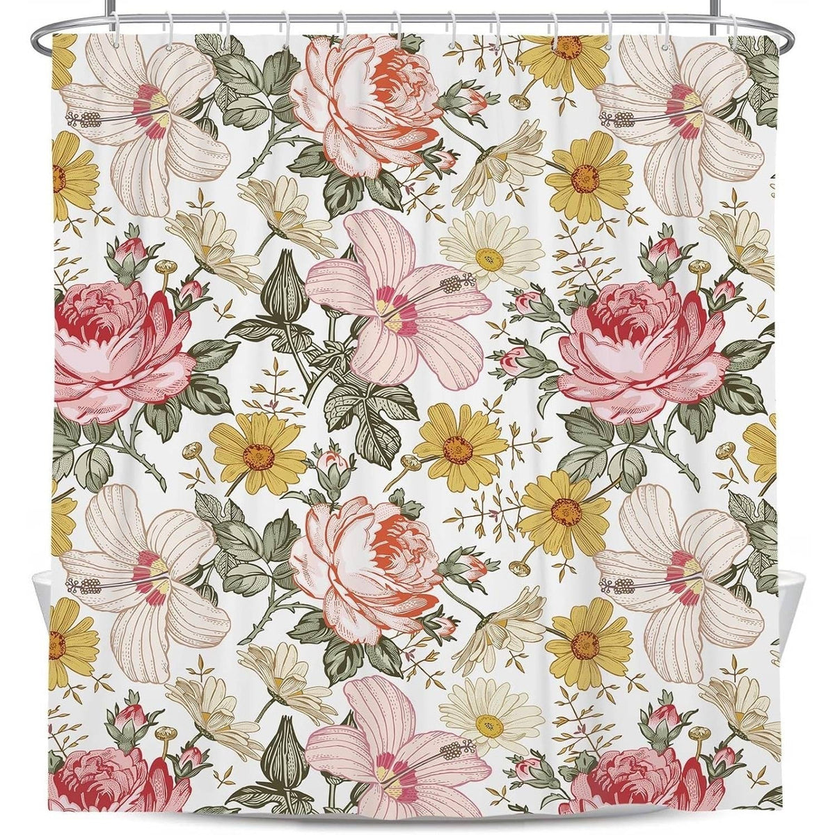 72"W x 72"H Vintage Floral Peony Pink Polyester Shower Curtain