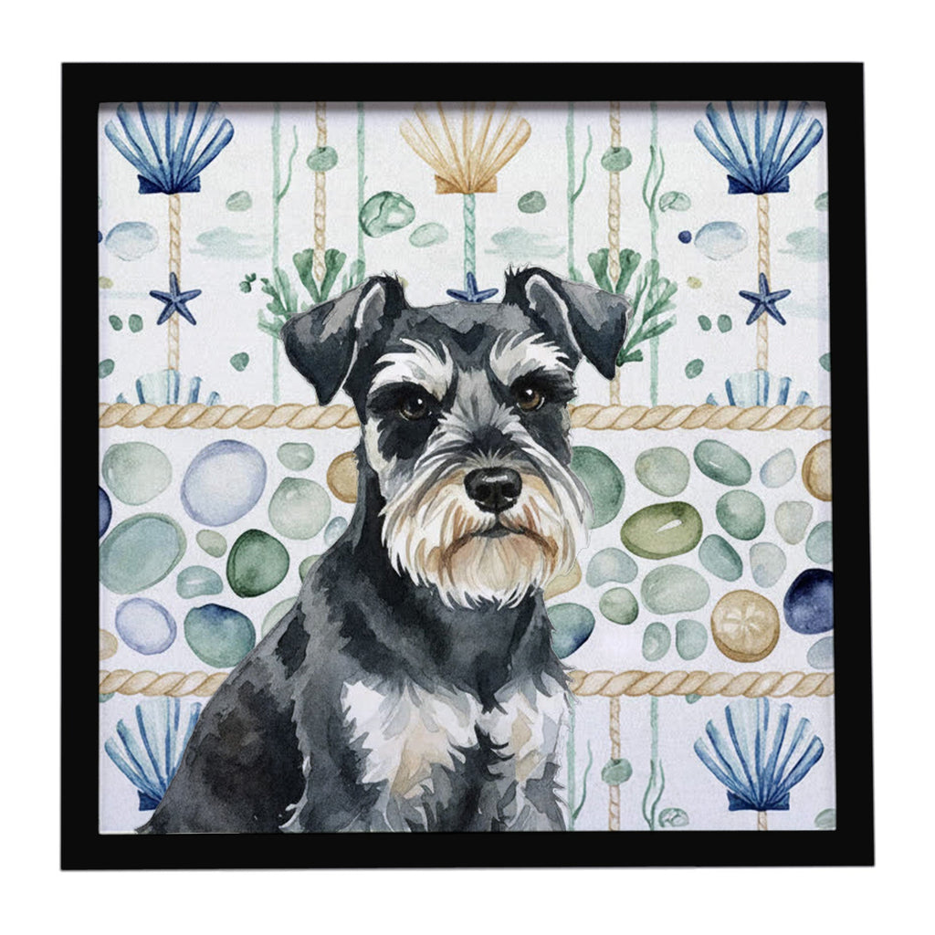 Black & Silver Miniature Schnauzer Coastal Sea Glass Framed Metal Print