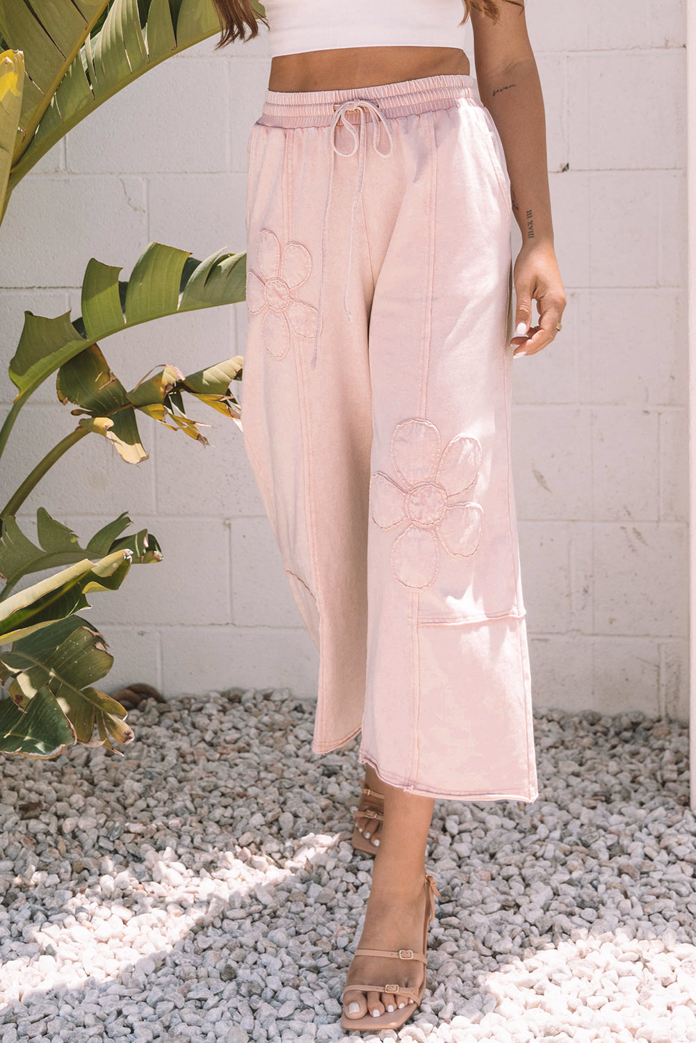 Gabriella Mineral Washed Terry Knit Cropped Wide Leg Pants