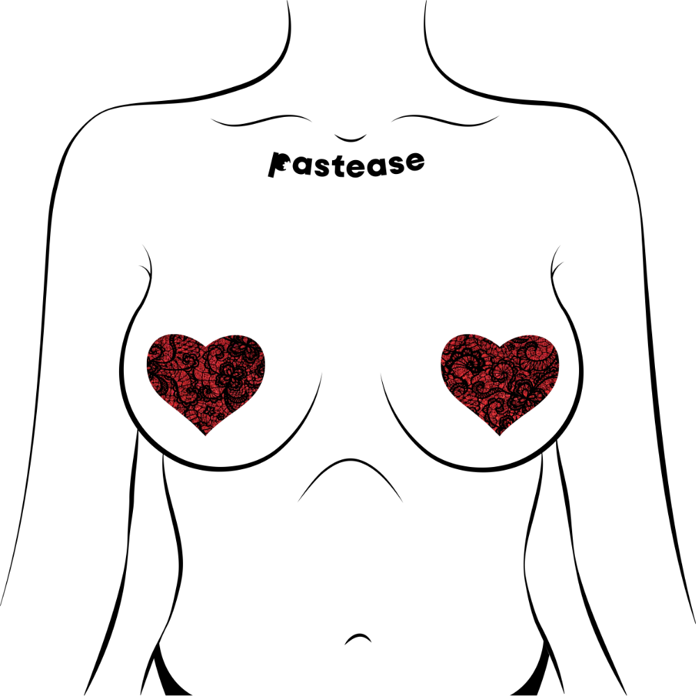 5-Pack: Red Glitter Heart with Black Lace overlay Nipple Pasties by Pastease®  o/s