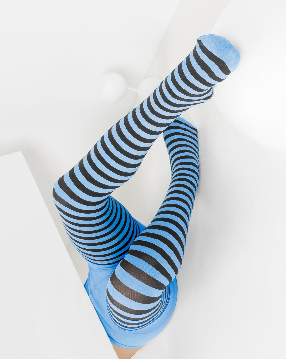 Kids Black Striped Tights 70 Denier - Sky Blue