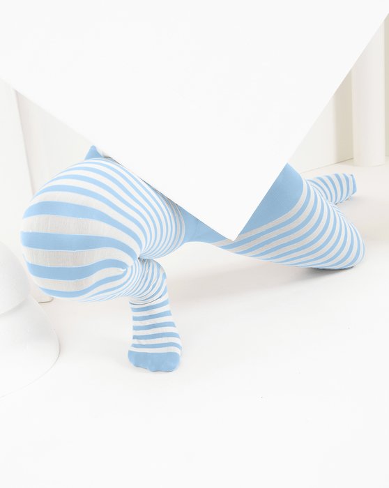 Kids White Striped Tights 70 Denier - Baby Blue