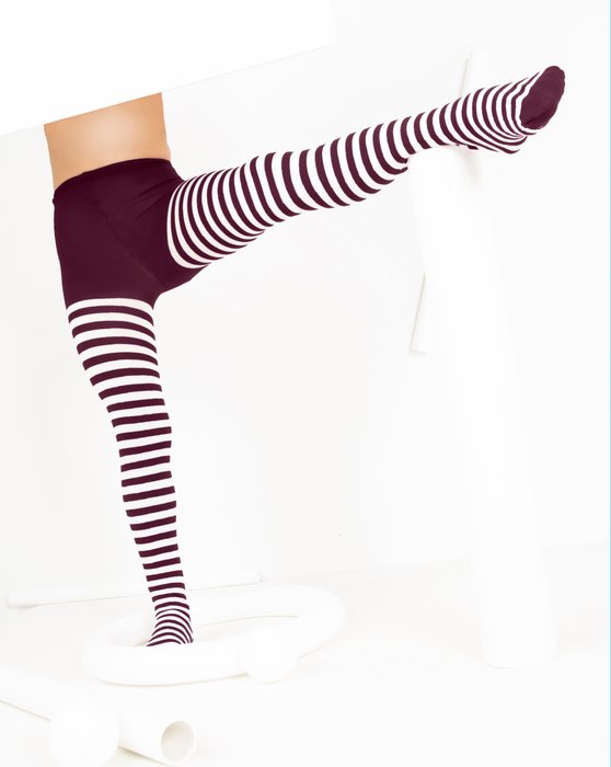 Kids White Striped Tights 70 Denier - Maroon