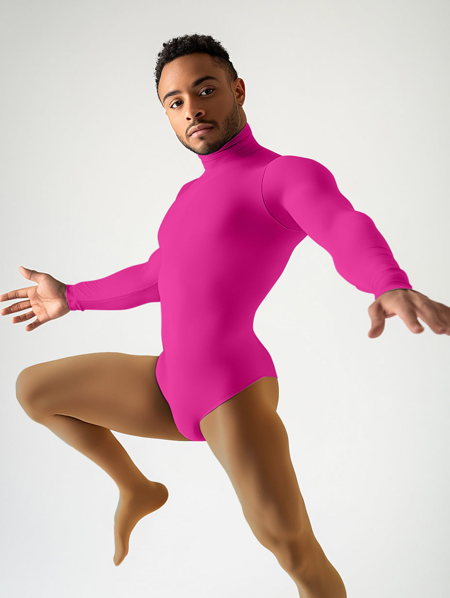 Long Sleeve Mock Neck Leotard - Neon Pink