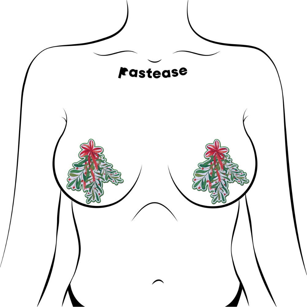 5-Pack: Christmas Winter Mistletoe with Red Bow Kissing Nipple Pasties by Pastease®