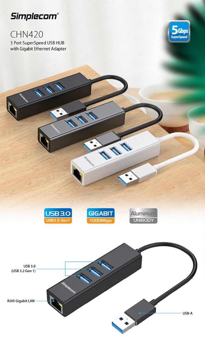 NNEDSZ CHN420 Aluminium 3 Port SuperSpeed USB HUB with Gigabit Ethernet Adapter Black