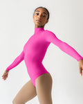 Long Sleeve Mock Neck Leotard - Neon Pink